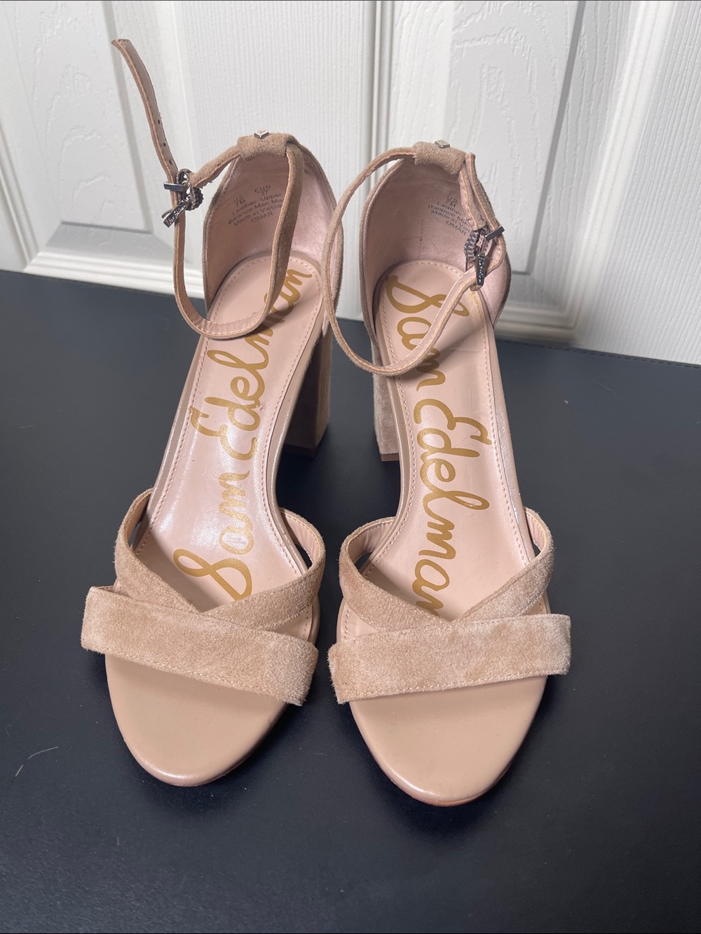 Sam Edelman Nude Suede Block Heel Sandals - Picture 2 of 7